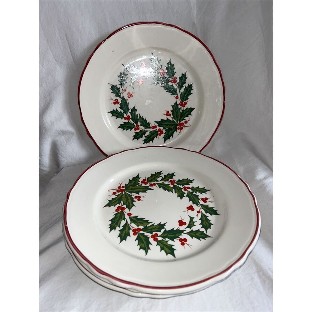 Homer Laughlin Best‎ China Christmas Plate Set Of 4 Holly Design 9 3/4"